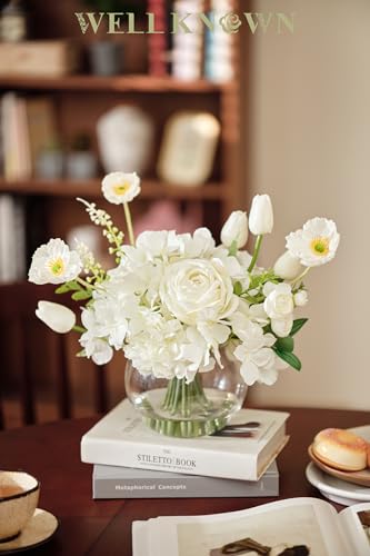 Artificial Flowers for Table Decoration Silk Hydrangea Flowers with Vase Fake Flower Arrangements in Round Bowl Vase with Faux Water for Summer Spring (Mix Hydrangea-white)