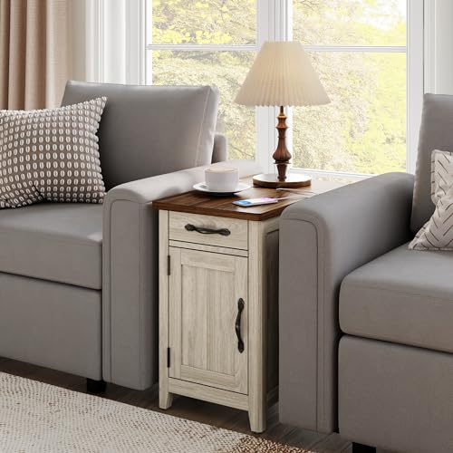 Set of 2 Charging End Tables with USB (Washed Grey and Brown / Wood Door)