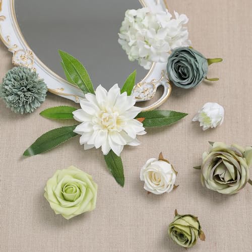 Artificial Flowers Combo Box Set for DIY Wedding Bouquets Centerpieces Arrangements Bridal Shower Party Home Decorations (White & Forest Green)