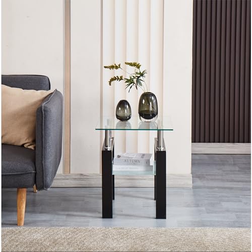 Set of 2 Modern Glass End Tables (Clear Top With Black Leg)