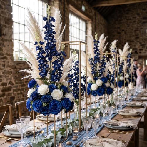 16Pcs Navy Blue Flower Delphinium Artificial Flower Long Stem Wedding Decor (Blue)