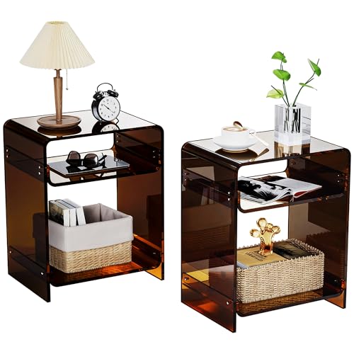 Acrylic End Table Record Player Table with Storage Shelf Clear Side Table Nightstand (Dark Brown Set of 2)