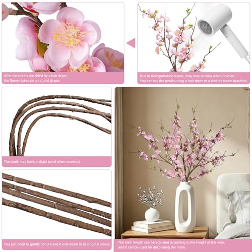 Pink Cherry Blossom Branches Artificial Plum Blossom Fake Flowers Artificial Flowers Silk Flowers 4PCS 35.4'' Long Stem Artificial Flowers for Tall Vase for Indoor Home Decoration (Pink)