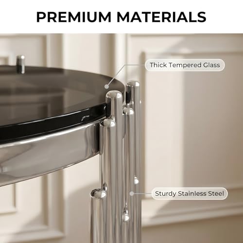 19.7''D Round Glass Side End Table with 2 Tiers (Silver & Black)