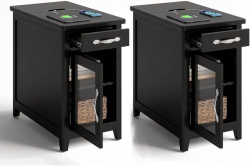 Set of 2 Charging End Tables with USB (Black / Glass Door)