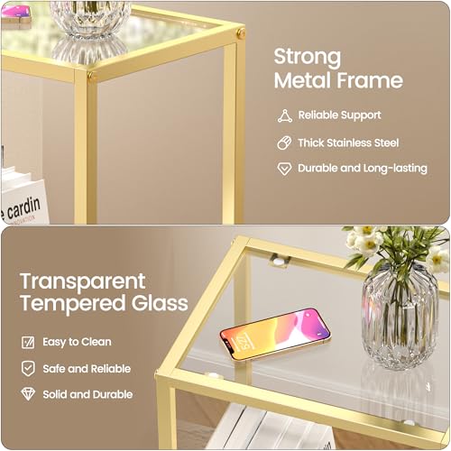 Glass Side Table (Gold / 2-Tier (11"D x 15"W x 21.7"H))