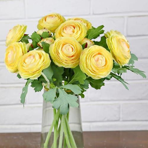 Artificial Ranunculus Flowers with Real Touch Stem Silk Ranunculus (Creamy Yellow / 10)