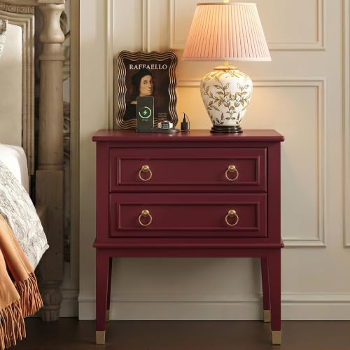 27.6 Inch Tall Nightstand with Charging Station (Burgundy)