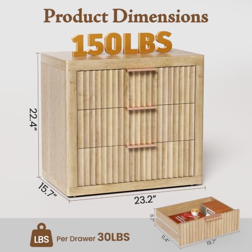 Fluted Nightstand with 3 Drawers (Natural)