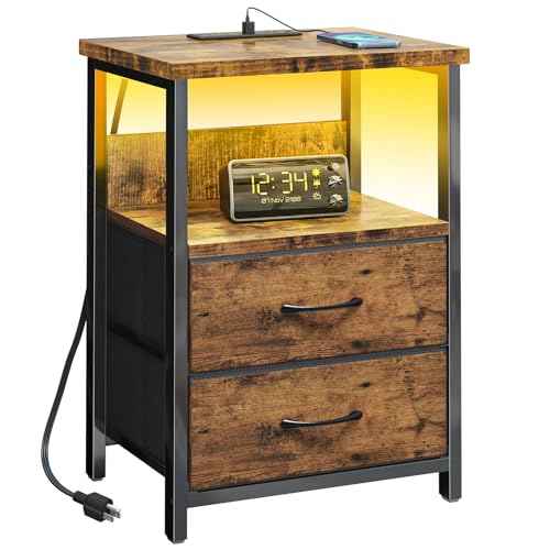 Night Stand with Charging Station (15.7"D x 11.8"W x 23.6"H (2 drawers) / Power+Light (1pc) / Rustic Brown)