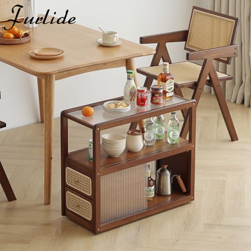 Rattan Nightstand Side Table with Storage (Walnut)