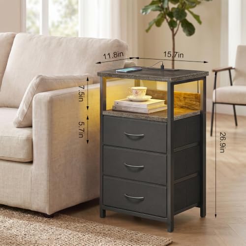 Night Stand with 3 Fabric Drawers (15.7"D x 11.8"W x 26.9"H (3 drawers) / Power+Light (1pc) / Charcoal Gray)