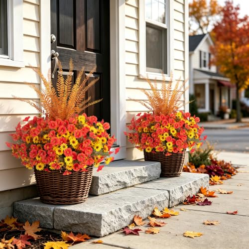 Artificial Fall Mums Flowers Fake Plants for Outdoors Decoration (3 Mixed Colors(6 Yellow,6 Orange,1 Fern))