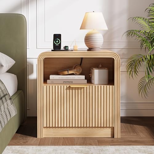 23'' Wide Fluted Nightstand with Charging Station (Oak / 1 Drawer & Open Shelf)