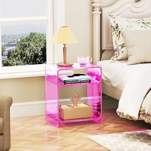 Acrylic End Table Record Player Table with Storage Shelf Clear Side Table Nightstand (Pink)