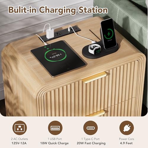 23'' Wide Fluted Nightstand with Charging Station (Oak / 2 Drawers)
