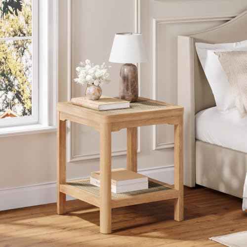Square Rattan End Table Side Table with Round Edge Design (Natural Oak, Square)