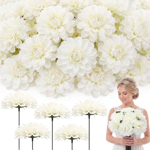 100pcs White Artificial Dahlia Flowers with Stems (Milky White)