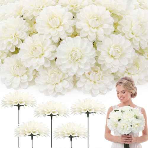 100pcs White Artificial Dahlia Flowers with Stems (Milky White)