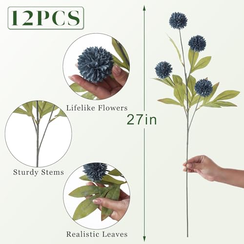 12 Pcs 27"Artificial Pompon Mum Silk Flower Stems for Vase (Dark Blue)