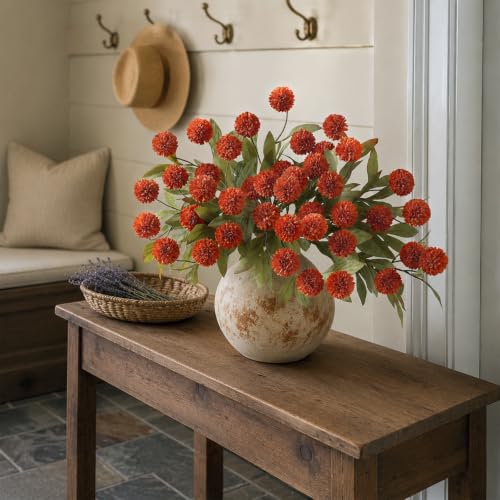 12 Pcs 27"Artificial Fall Pompon Mum Flower Stems for Vase (Orange)