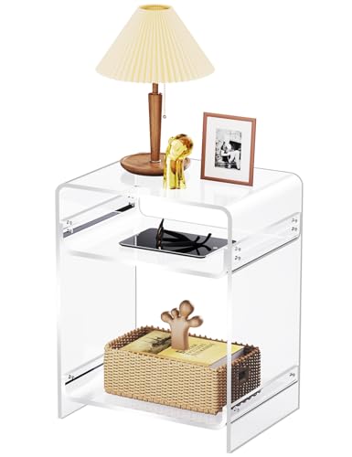 Acrylic End Table Record Player Table with Storage Shelf Clear Side Table Nightstand (Clear)