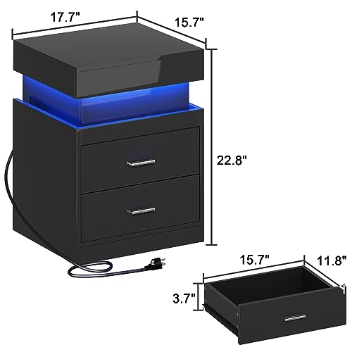 LED Nightstand with Charging Station and Sliding Storage (Black / 1 Pack)