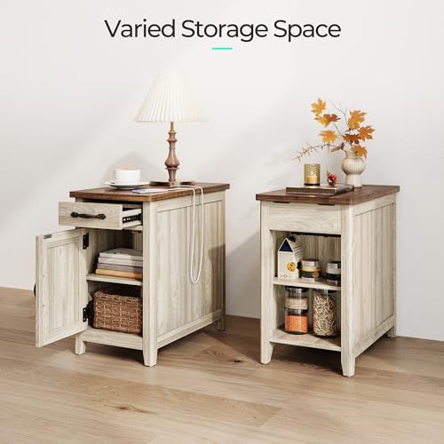 Set of 2 Charging End Tables with USB (Washed Grey and Brown / Wood Door)