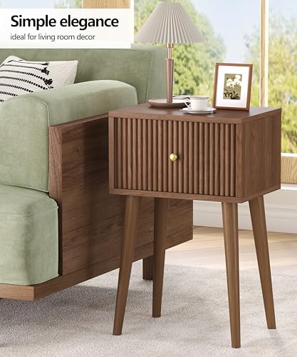 Small Nightstand Set 2 Fluted Wooden Nightstands Wood Legs Walnut (Walnut)