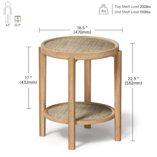Rattan Round Side Table End Table with Storage Shelf (Natural Oak, Round)