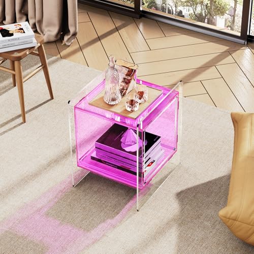 Acrylic Nightstand Colorful Bedside Table with Open Storage Shelf (Pink)