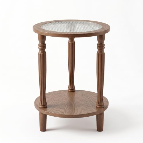 Walnut Brown Round 2‑Tier French Vintage End Table with Glass (Walnut Brown)