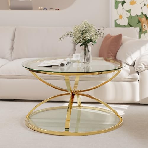2Pcs Round Glass Coffee Table and End Table Sets with 2 Tiers (Medium / Golden)