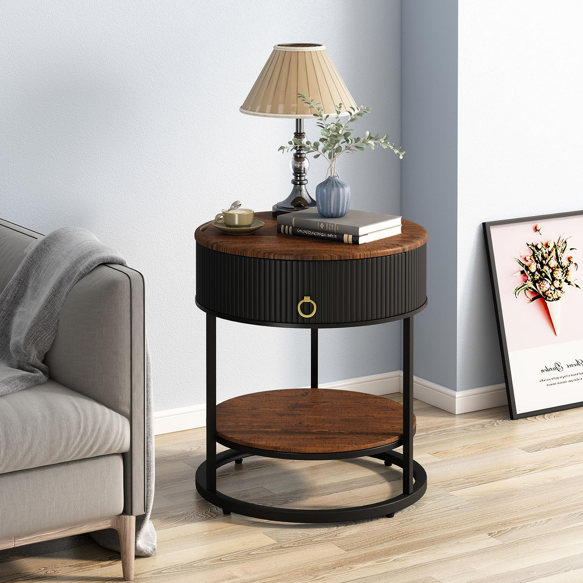 Round End Table with Drawer (Black)