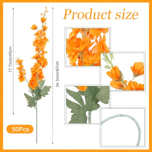 50 Pcs Orange Delphinium Artificial Flower Bulk (34.25" / Orange)