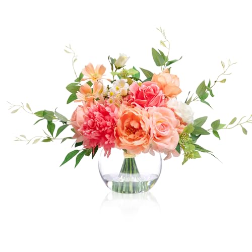 Artificial Flowers in Vase with Fake Water (Coral & Peach Plus)