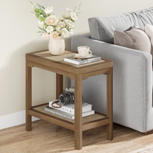 Rattan Side Table End Table with Round Edge Design (Caramel Oak, Round Edges)