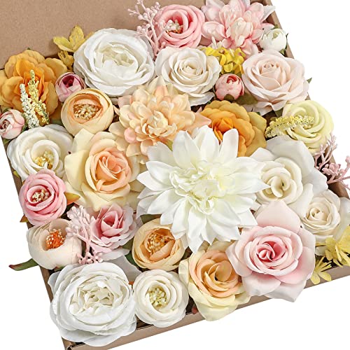 Artificial Wedding Flowers Bouquets Centerpieces Faux Flowers Combo for Fake Flowers with Leaves DIY Floral Arrangements Bridal Baby Shower Home Decor (White Yellow)