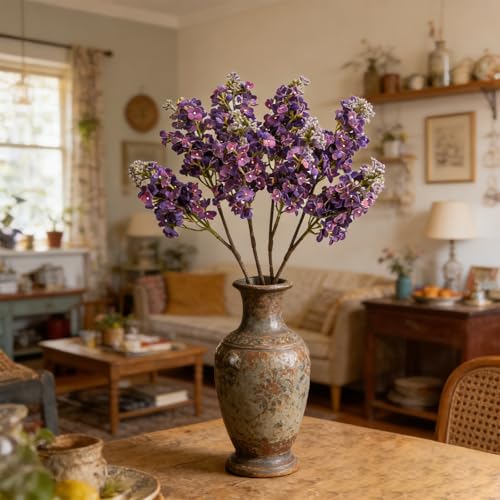 4PCS 25.6inch Lilac Artificial Flowers Deep Purple Fake Delphinium Long Stem Silk Real Touch Flower Faux Lilac Floral Arrangement for Tall Vase Table Wedding Garden Home Decoration（Deep Purple） (25.6inch Deep Purple / 4 Pcs)