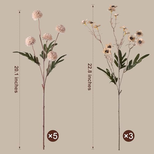 8 Pcs Fake Mums Kiku Flowers Artificial with Wild Flowers Bulk (8pcs-beige Wax&kiku)