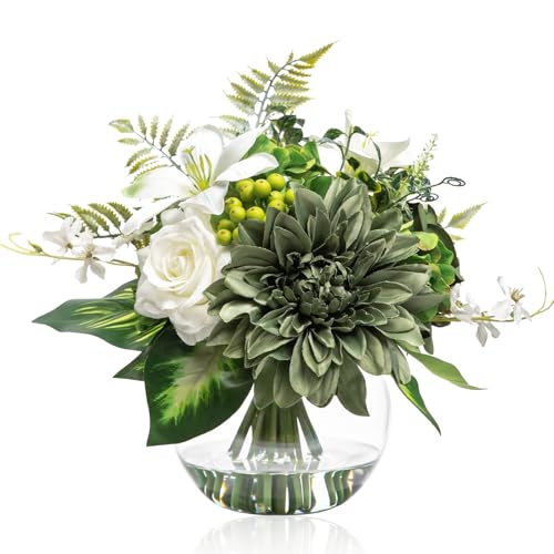 Artificial Flowers in Vase with Fake Water (Green & White Mixed)
