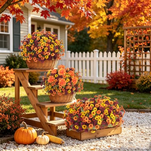 Artificial Fall Flowers Fake Mums Plants for Outdoors Decoration (4 Yellow, 4 Orange, 4 Fuchsia)