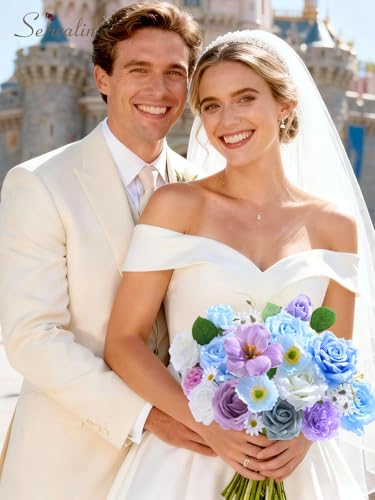 Artificial Flowers Combo Blue & Purple Fake Flowers for Wedding (Blue & Purple / 1 Box)