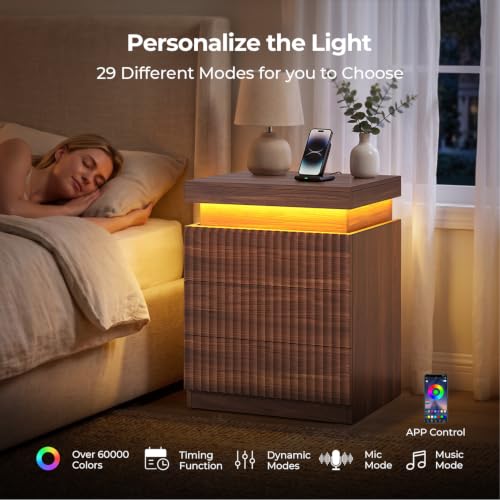 Fluted Nightstand with Charging Station and LED Lights (Walnut)
