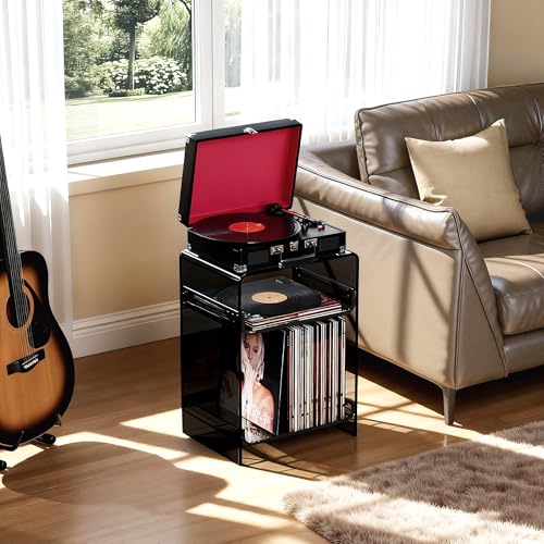Acrylic Record Player Table with Storage Shelf (Black / Medium)