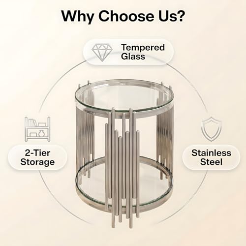 19.7''D Round Glass Side End Table with 2 Tiers (Silver)