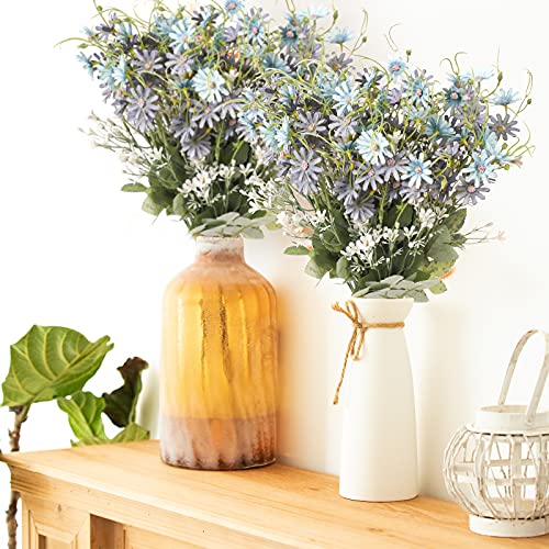 Artificial Flowers Wildflowers Silk Daisy Spring Fake Daisies Decoration Summer UV Resistant Colorful Mixed Bundles Faux Greenery Outdoor Plant Stem Filler for Home Decor Indoor Floral Arrangements (03 Blue)