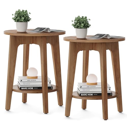 Round Side Table with Lower Shelf (Honey Brown / 2 pack)
