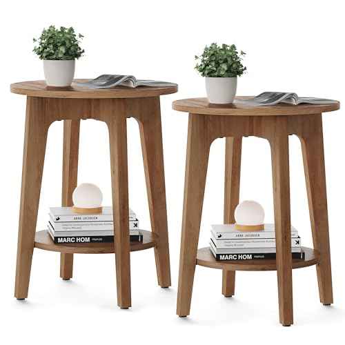 Round Side Table with Lower Shelf (Honey Brown / 2 pack)