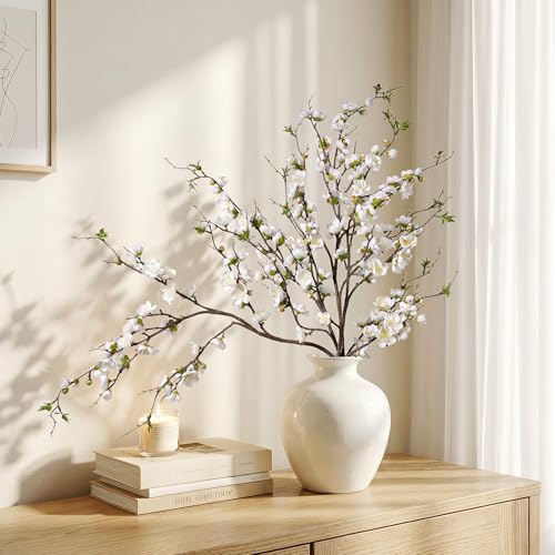 Artificial Plum Blossom Fake Cherry Blossom Branches Fake Flowers Artificial Flowers 4PCS 35.4'' Long Stem Artificial Flowers for Tall Vase Silk Flowers for Indoor Home Decor (White)